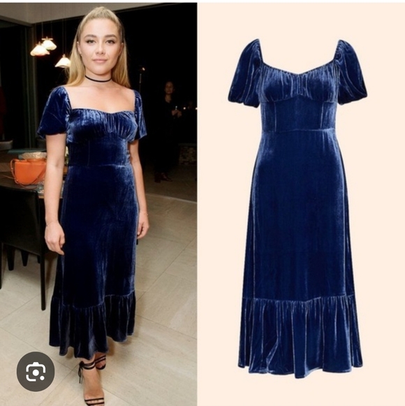 NWT Reformation Suzanne Blue Velvet Shirred Bust Midi Dress...